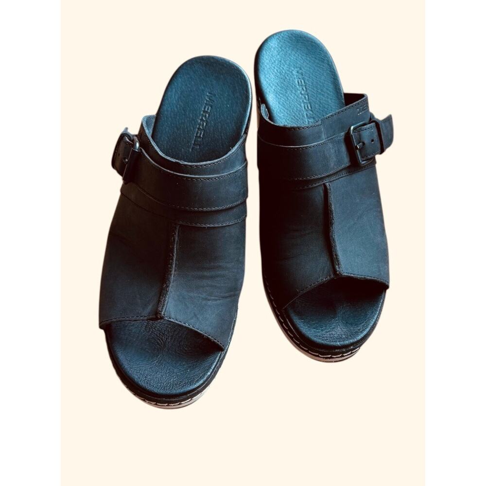 Merrell Black Leather Peep Toe Clog Womens Size 6